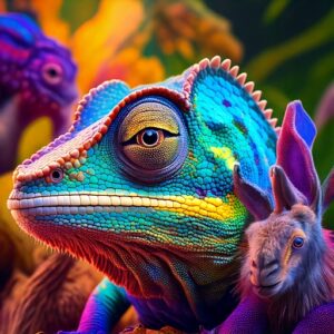 Chameleon holding a goat